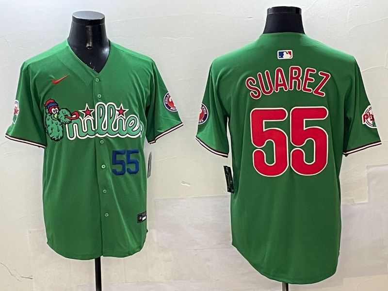 Men Philadelphia Phillies #55 Suarez Green Three generations Joint Name Game 2025 Nike MLB Jersey style 4->philadelphia phillies->MLB Jersey